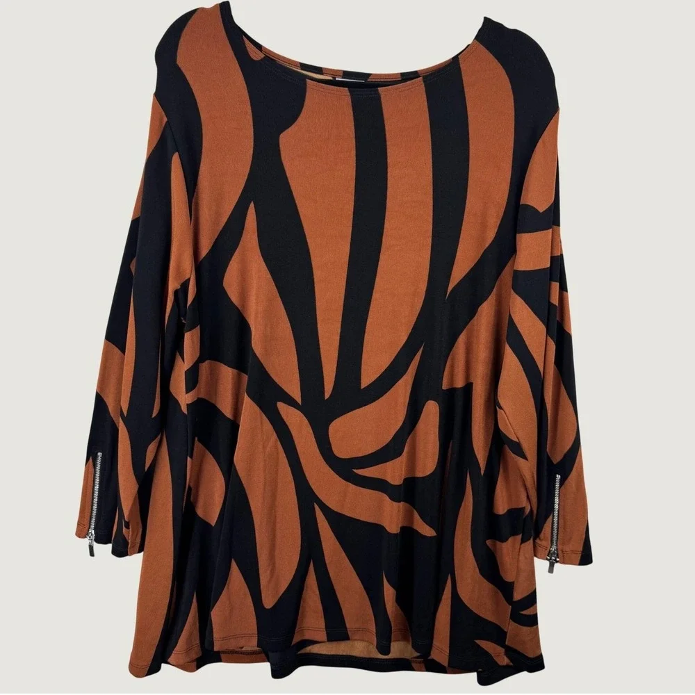 Chico's Travelers Top Womens 20/22 Rust Black Abstract Zipper Cuff Blouse
